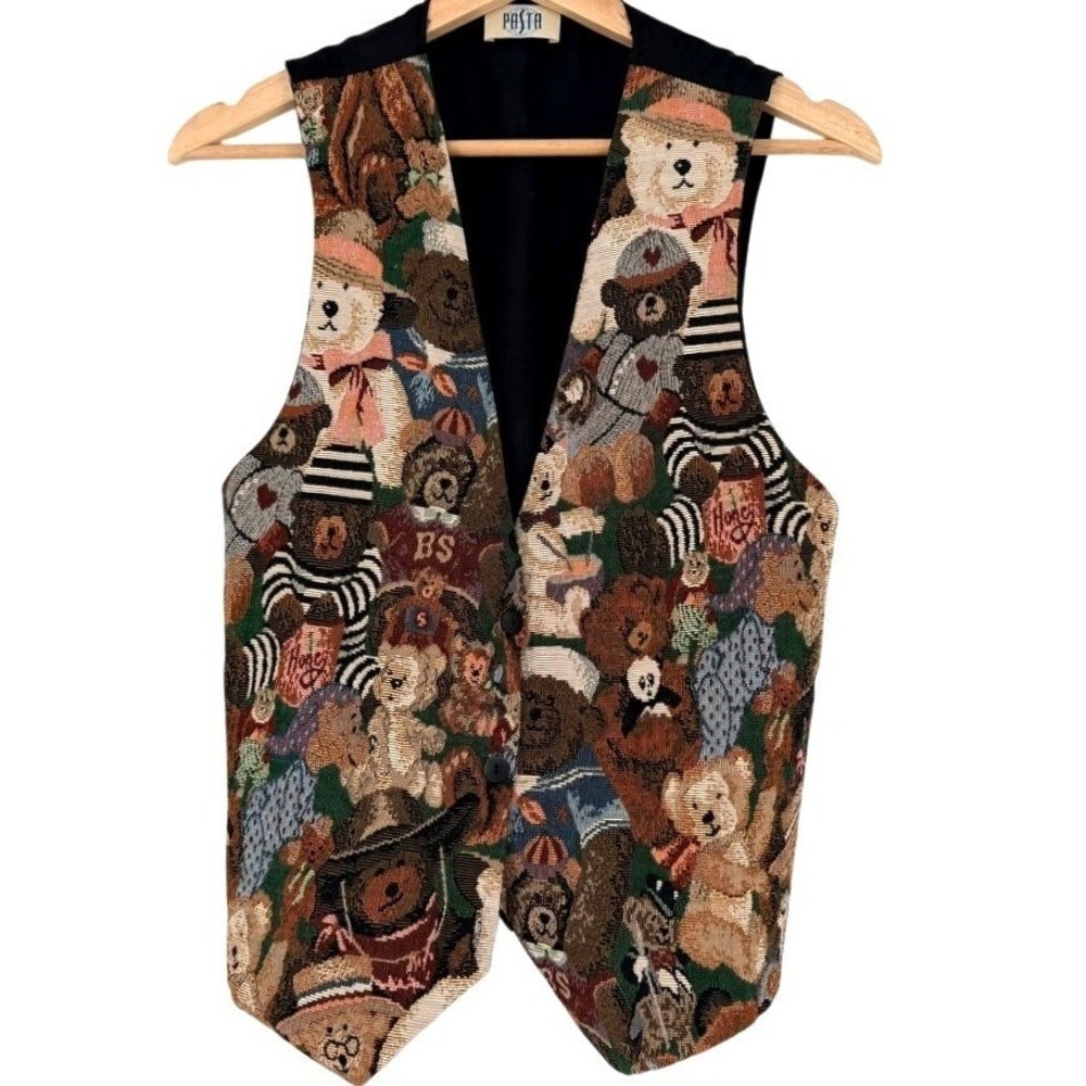 Vintage Pasta Teddy Bear Tapestry Vest Womens Cotton Cottage 90s Kitsch‎ S/M